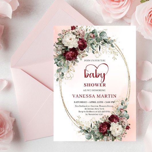 Invitation Modern Deep Red Floral Gold Baby Shower Invite