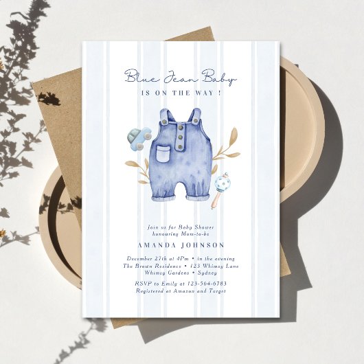 Invitation Modern Denim Blue Jean Stripes Baby Shower