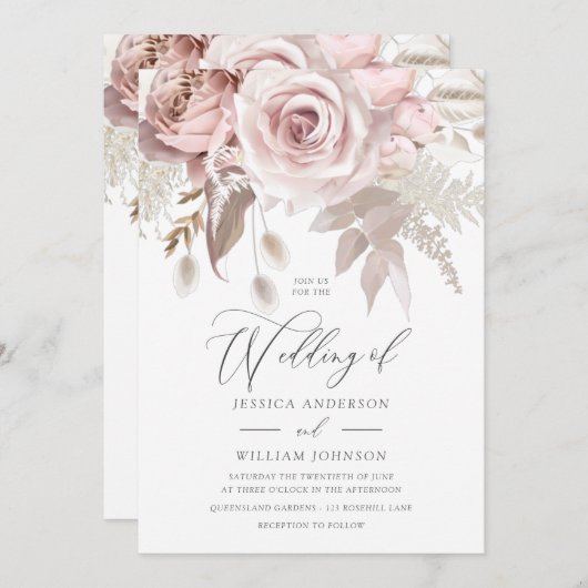 Invitation Modern Designer Dusty Rose Blush Details & Wedding (Devant / Derrière)