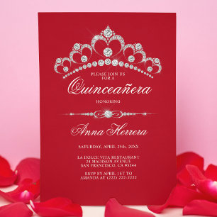 Invitation Modern Diamond Tiara Black RED QUINCEAÑERA