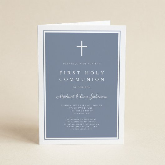 Invitation Modern Dusty Blue Cross Boy First Holy Communion