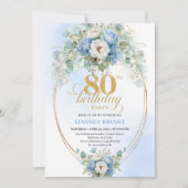 Invitation Modern Dusty Blue Floral Gold 80th Birthday Invite (Devant)