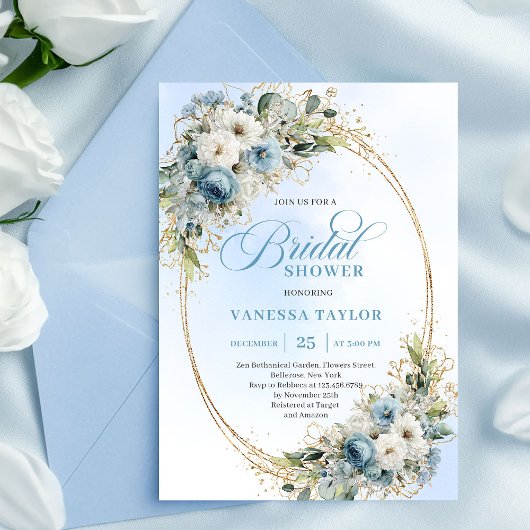 Invitation Modern Dusty Blue Flowers Gold Frame Bridal Shower
