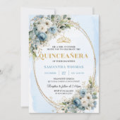 Invitation Modern Dusty Blue Gold Greenery Quinceañera Invite (Devant)