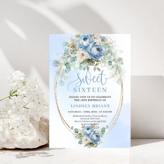 Invitation Modern Dusty Blue Peonies Eucalyptus Gold Sweet 16