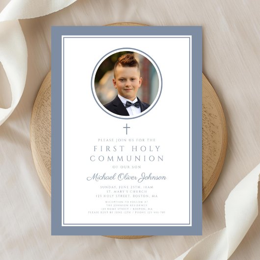 Invitation Modern Dusty Blue Photo Boy First Communion