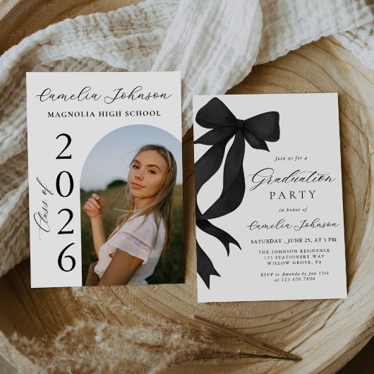 Invitation Modern Elegant Black Bow Arch Photo Graduation