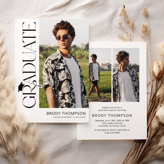Invitation Modern Elegant Black & White 3 Photo Graduation