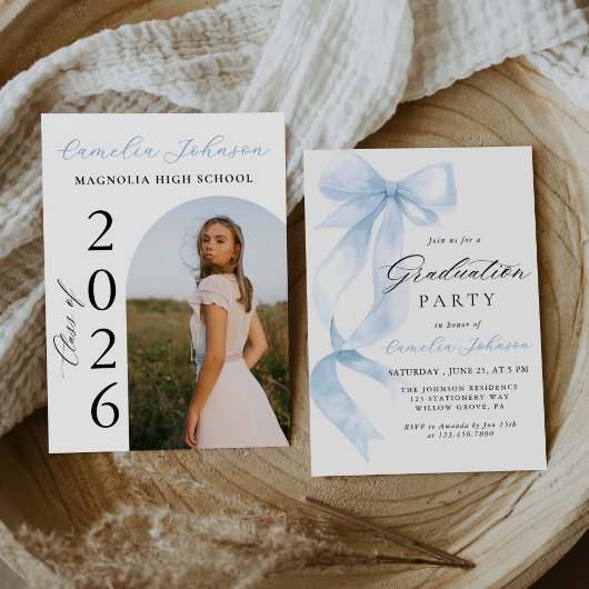 Invitation Modern Elegant Blue Bow Arch Photo Graduation