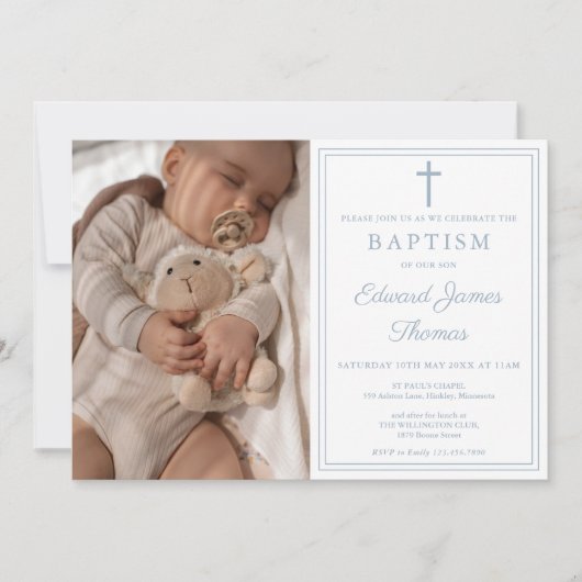 Invitation Modern Elegant Dusty Blue Photo Baptism (Devant)