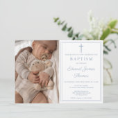 Invitation Modern Elegant Dusty Blue Photo Baptism (Debout devant)