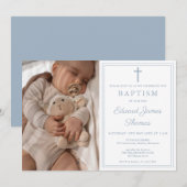 Invitation Modern Elegant Dusty Blue Photo Baptism (Devant / Derrière)
