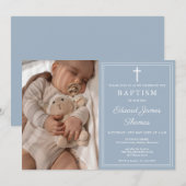 Invitation Modern Elegant Dusty Blue Photo Baptism (Devant / Derrière)