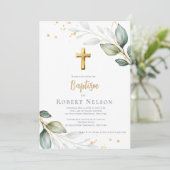 Invitation Modern Elegant Eucalyptus Gold Baptism Christening (Debout devant)