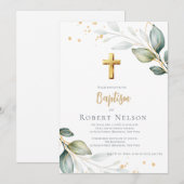 Invitation Modern Elegant Eucalyptus Gold Baptism Christening (Devant / Derrière)