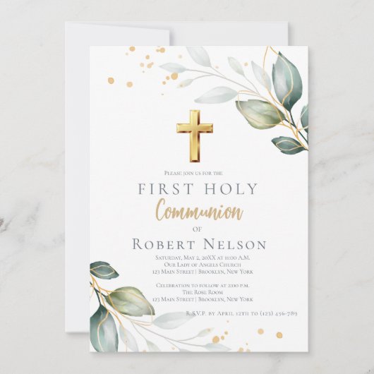Invitation Modern Elegant Eucalyptus Gold First Communion  (Devant)