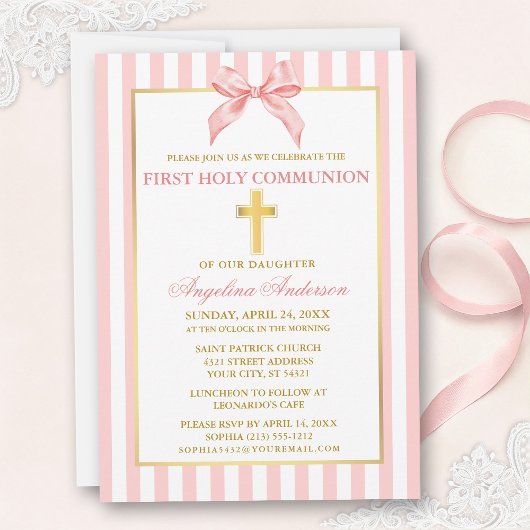 Invitation Modern Elegant Pink Blush Striped Communion