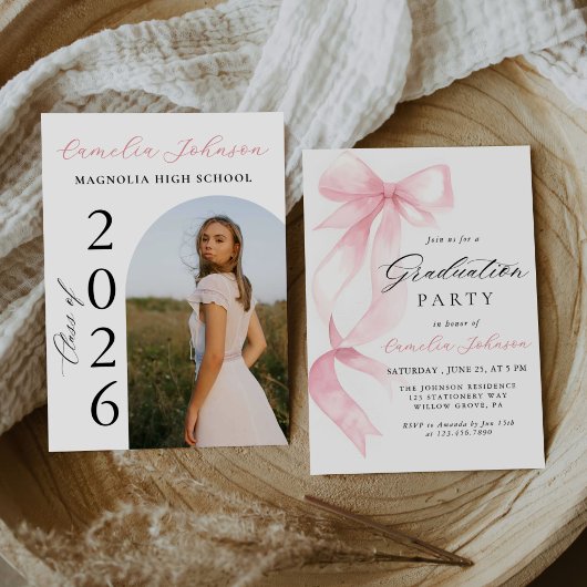 Invitation Modern Elegant Pink Bow Arch Photo Graduation