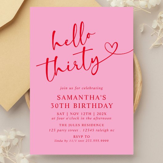 Invitation Modern Elegant Pink Red Hello 30th Birthday Party
