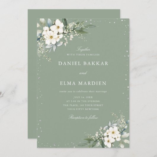 Invitation Modern Elegant Sage Green Boho Floral Wedding (Devant / Derrière)
