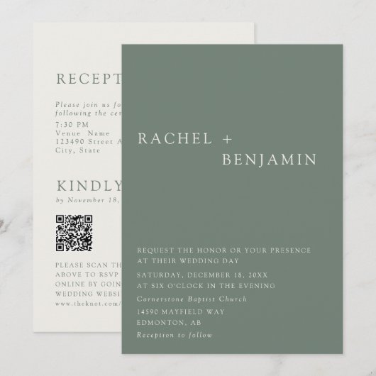 Invitation Modern Elegant Sage Green Wedding 2 Sided QR Code (Devant / Derrière)