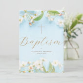 Invitation Modern Elegant Script Blue Flowery Cross Baptism (Debout devant)
