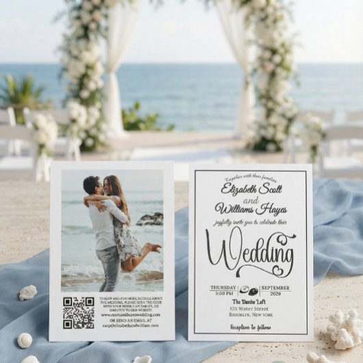 Invitation Modern Elegant Script QR Code Photo Budget Wedding