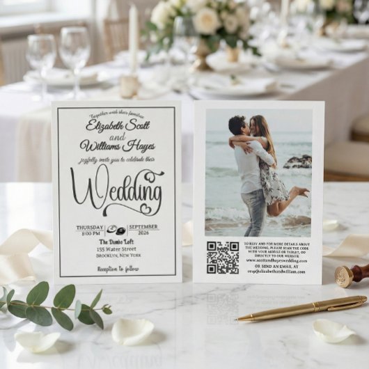 Invitation Modern Elegant Script QR Code Photo Budget Wedding