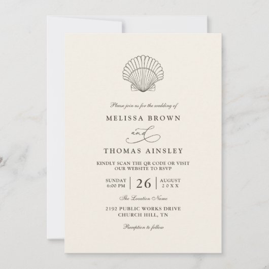 Invitation Modern Elegant Shell Beach Ocean QR Code Wedding (Devant)