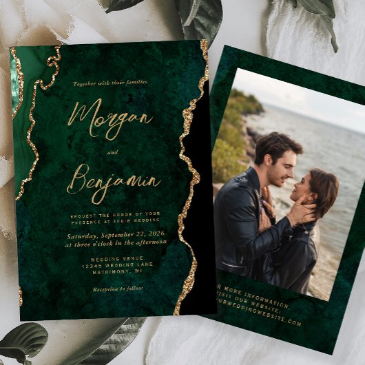 Invitation Modern Emerald Green Agate Script Photo Wedding