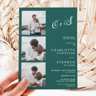 Invitation Modern emerald green casual initials photo wedding