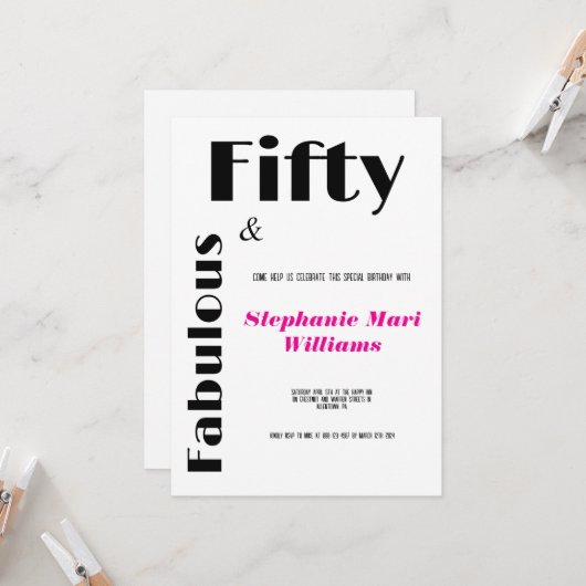 Invitation Modern Fifty and Fabulous black pink Birthday (Devant/Arrière en situation)