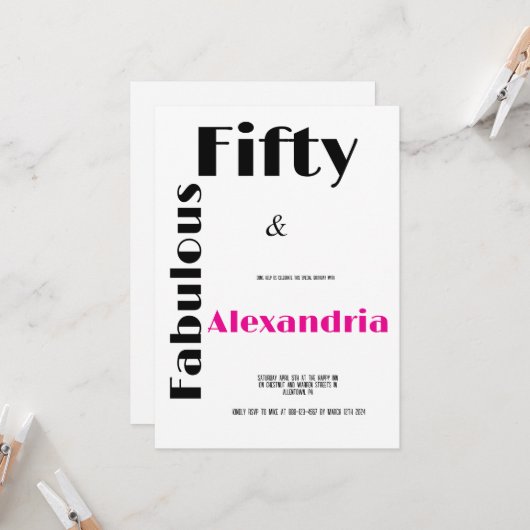 Invitation Modern Fifty and Fabulous black pink Birthday (Devant/Arrière en situation)