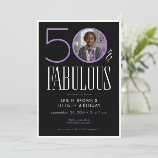 Invitation Modern Fifty Fabulous Purple White Photo Birthday (Debout devant)