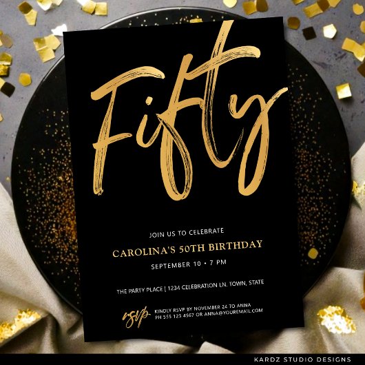 Invitation Modern Fifty Script Gold Black 50th Birthday