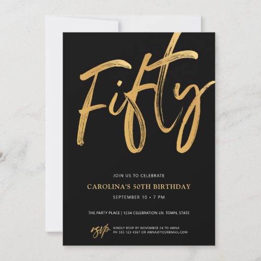 Invitation Modern Fifty Script Gold Black 50th Birthday (Devant)