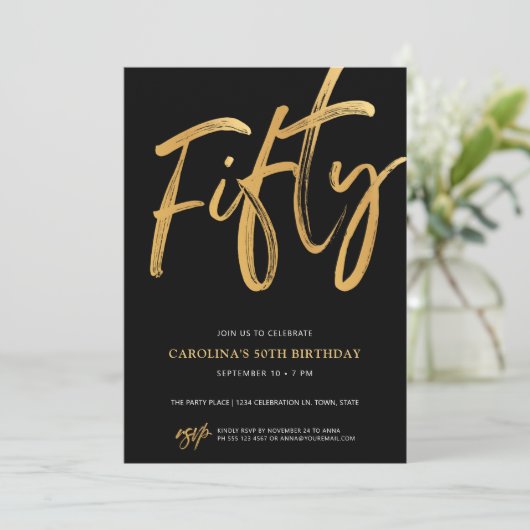 Invitation Modern Fifty Script Gold Black 50th Birthday (Debout devant)