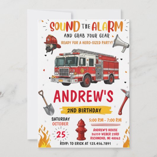 Invitation Modern FireFigher truck Birthday with image (Devant)