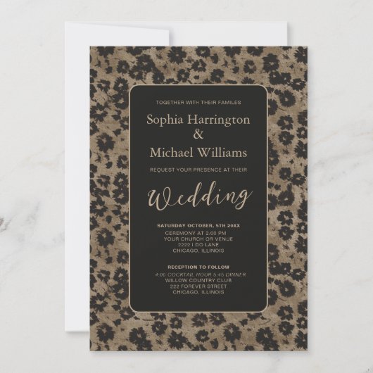 Invitation Modern Floral Elegant Black Wedding Invite QR Code (Devant)