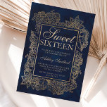 Invitation Modern floral faux gold navy watercolor Sweet 16<br><div class="desc">A modern,  pretty chic and elegant faux gold  hand drawn floral with faux gold elegant frame Sweet 16 birthday party invitation on a modern and stylish hand painted navy blue watercolor background.Perfect for a princess Sweet sixteen.</div>