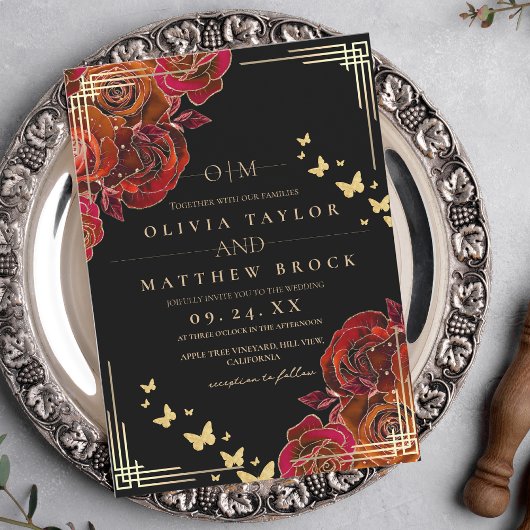 Invitation Modern Flower Red and  Black Gold Rose Wedding
