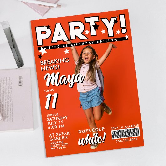 Invitation Modern Fun Cool Blanc Noir 11e Anniversaire Tabloi