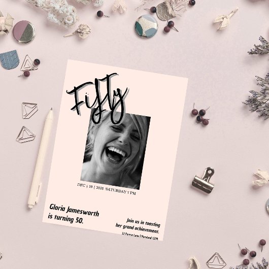 Invitation Modern Funny Light Pink Photo 50th Birthday