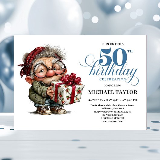 Invitation Modern Funny Man 50th Birthday Humor Cartoon Style