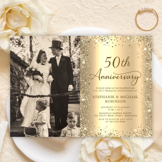 Invitation Modern Gold Glitter Photo 50th Wedding Anniversary