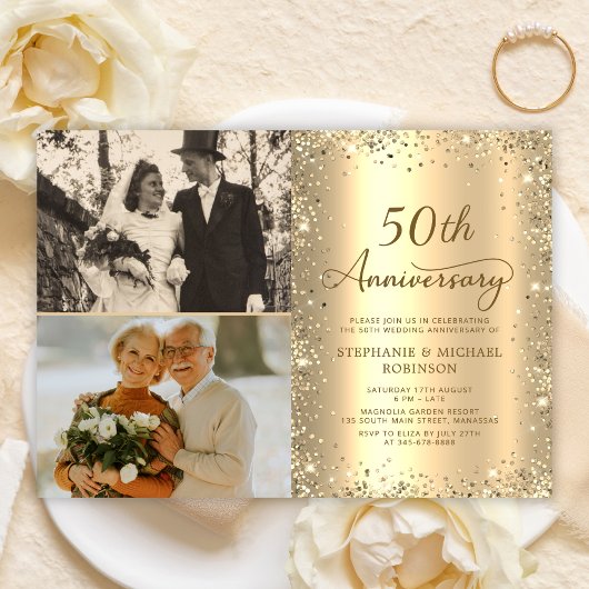 Invitation Modern Gold Glitter Photo 50th Wedding Anniversary