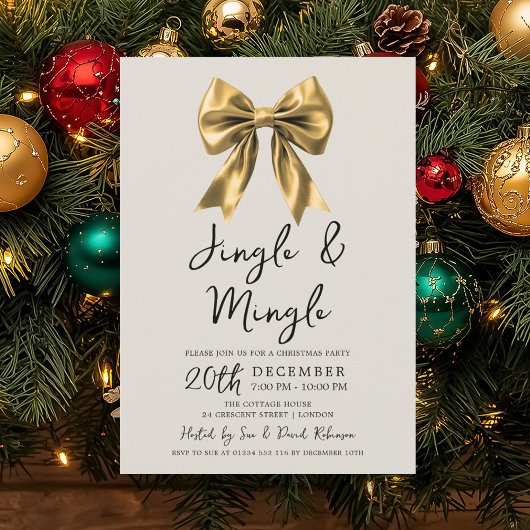 Invitation Modern Gold Jingle & Mingle Christmas Party Bow