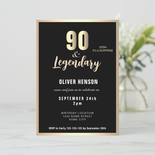Invitation Modern Gold Metallic Surprise 90th Birthday  (Debout devant)