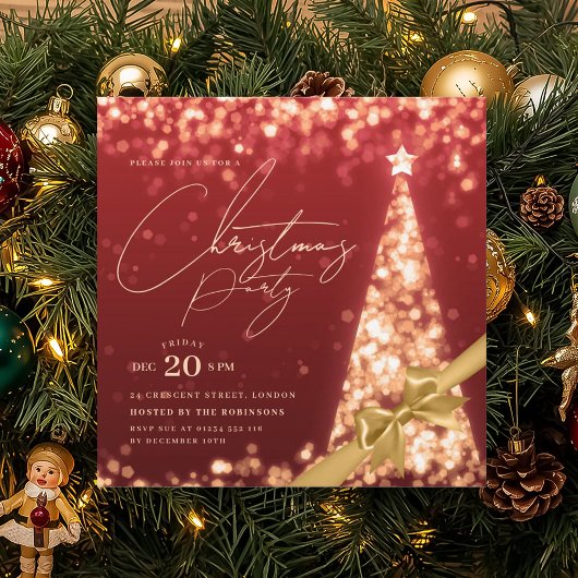 Invitation MODERN Gold Red Winter Christmas Tree Bow Party