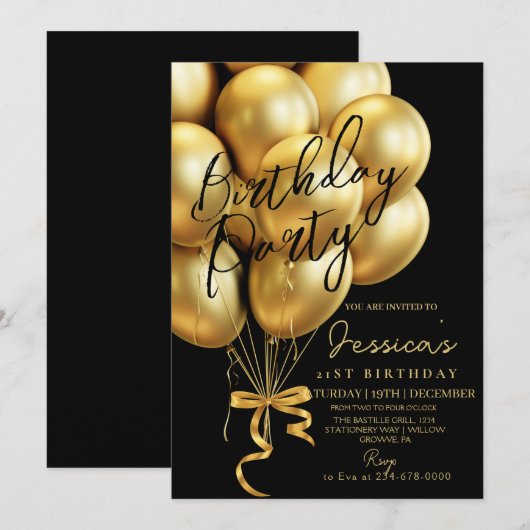 Invitation Modern Gold Script Black Birthday Party (Devant / Derrière)